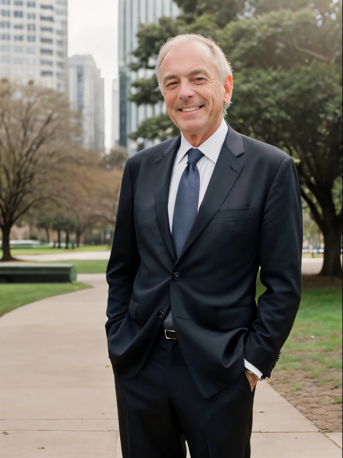 ((best quality)), ((masterpiece)), (detailed), (((65 year old ugly man))), executive portrait, half body shot, ((outside)), standing in city park, (((wearing dark suit}}}, ((professional business photo)) smiling
