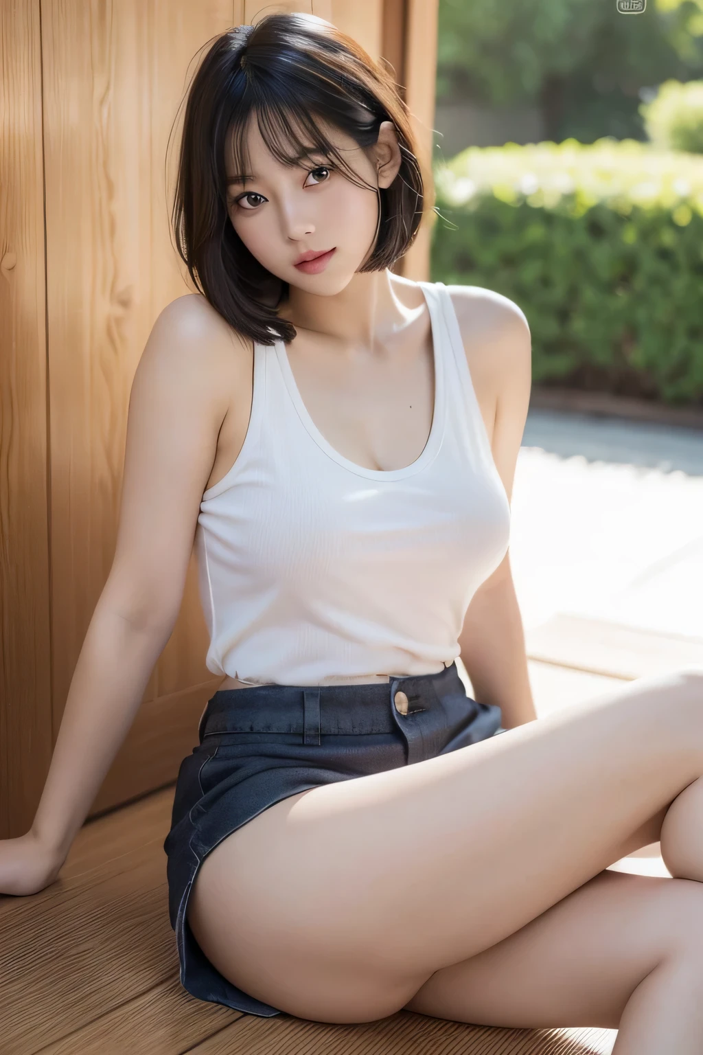 Panty shot,one woman,sexy pose,,plump body,glowing skin,cute face,beautiful face,double eyelid,embarrassing,bob hair,black hair,black eye,Mysterious,high quality,realistic,gravure,adult woman,Snazzy,Japanese