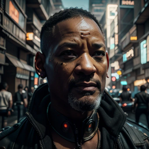 ((masterpiece, highest quality, hires, amazing detail, 8k, best quality, muted colours)), cinematic, portait, closeup shot of middle aged man / will smith /, wearing highly damaged battlesuit, perfect facial hair, scars, cybernetic implants, prosthetics, mirrorshades, ((intricate details)) ghost in the shell, gantz, gritty, cyberpunk background, broken, dystopian, 