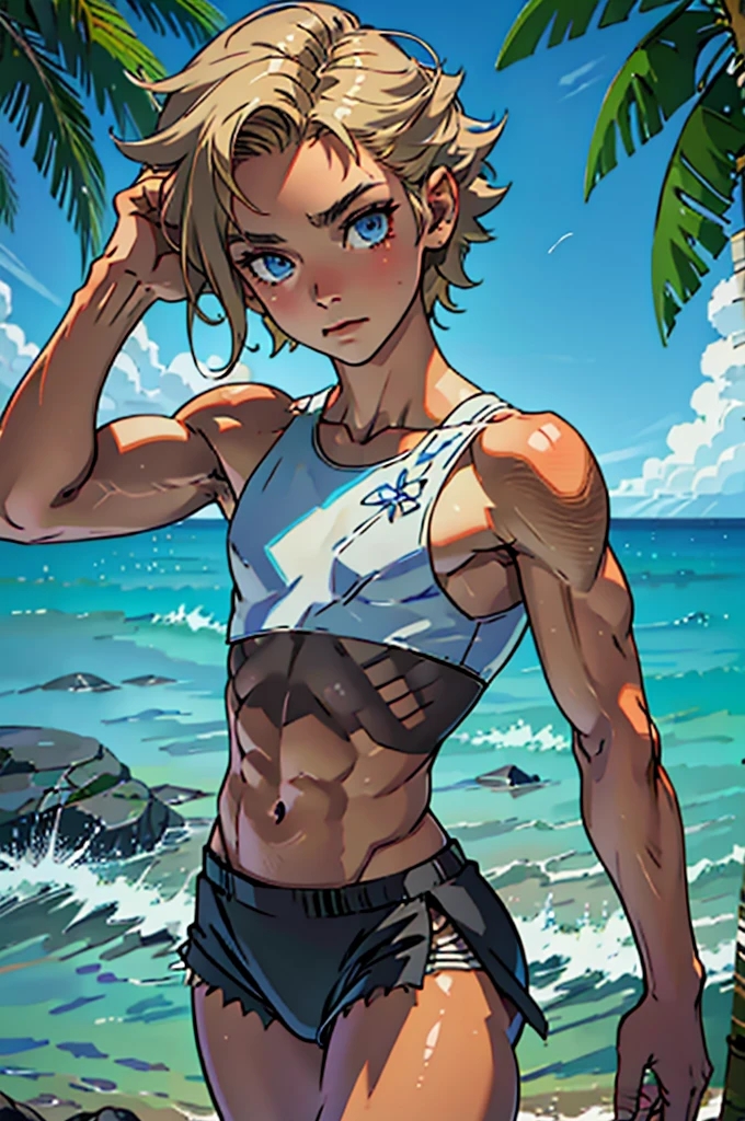 (masterpiece, high quality), 1girl, Caucasian, tomboy, slender, short spiky blonde hair, blue eyes, 8-years-old, (tropical beach background), (black panties), white crop top, strong arms, muscular thighs, ripped muscles, six pack abs, muscle arms, muscular, flat chest, hyper detailed, Intricate design, Luminous, 4K, 8K, Cinematic lighting, Contour lighting, bright, soft light