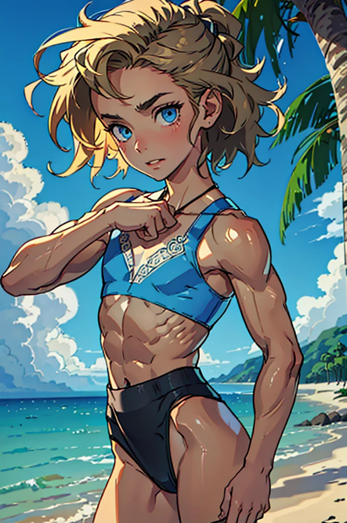(masterpiece, high quality), 1girl, Caucasian, tomboy, slender, short spiky blonde hair, blue eyes, 8-years-old, (tropical beach background), (black panties), white crop top, strong arms, muscular thighs, ripped muscles, six pack abs, muscle arms, muscular, flat chest, hyper detailed, Intricate design, Luminous, 4K, 8K, Cinematic lighting, Contour lighting, bright, soft light