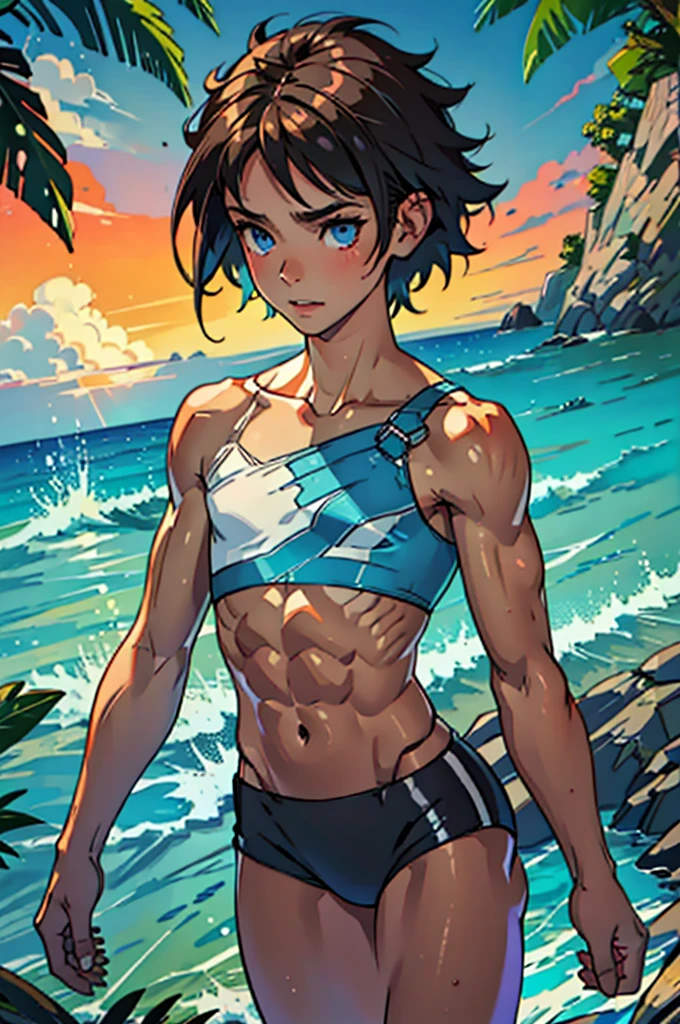 (masterpiece, high quality), 1girl, Caucasian, tomboy, slender, short spiky blonde hair, blue eyes, 8-years-old, (tropical beach background), (black panties), white crop top, strong arms, muscular thighs, ripped muscles, six pack abs, muscle arms, muscular, flat chest, hyper detailed, Intricate design, Luminous, 4K, 8K, Cinematic lighting, Contour lighting, bright, soft light