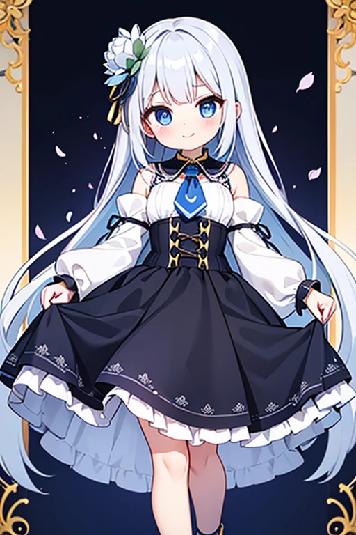 her very long white hair flows down to her shoulders。A blue rose hair ornament was embedded on the right side of her head.。On the left side of her head was a pale blue lotus flower decoration that shone faintly and was impressive.。Her blue eyes are framed by coarse hair.、Standing facing this side with a smile。She has small breasts and wears a black blouse.,It was covered from the shoulders to the upper arms with short lantern sleeves.。A white line clearly stands out on the collar of the blouse.、Finished with a navy ascot、The tie ring decorated with gold coins was shining.。Skirts are layered、A large navy blue overskirt spread out like petals on top of a bright blue skirt.、white petticoat peeking out。A black underbust corset with yellow lace peeks out above it.。 Her platform shoes had square toes。Ankles are decorated with ankle strap shoes。