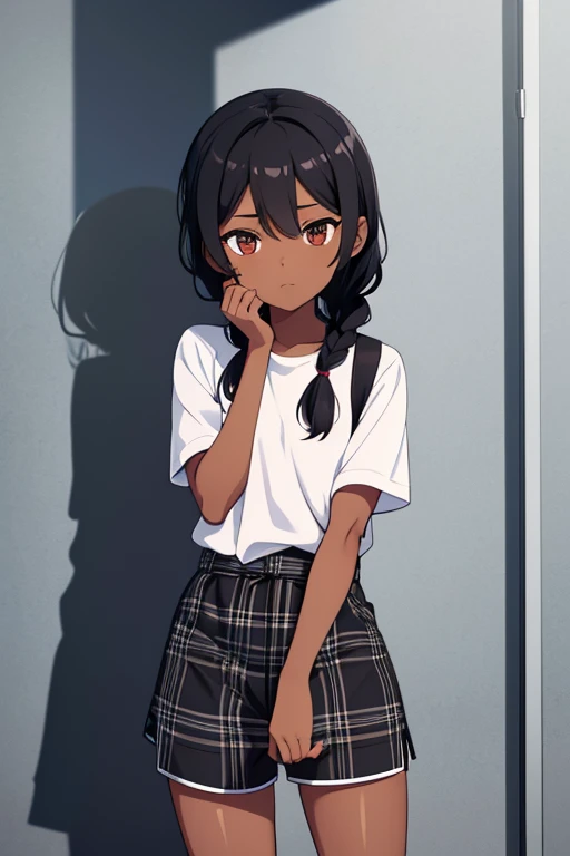 A short, dark-skinned girl with black braided hair wearing a checkered shirt with short sleeves and short shorts