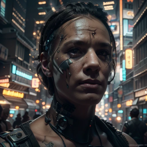 ((masterpiece, highest quality, hires, amazing detail, 8k, best quality, muted colours)), cinematic, portait, closeup shot of middle aged man / boris Johnson /, wearing highly damaged battlesuit, perfect facial hair, scars, cybernetic implants, prosthetics, mirrorshades, ((intricate details)) ghost in the shell, gantz, gritty, cyberpunk background, broken, dystopian,