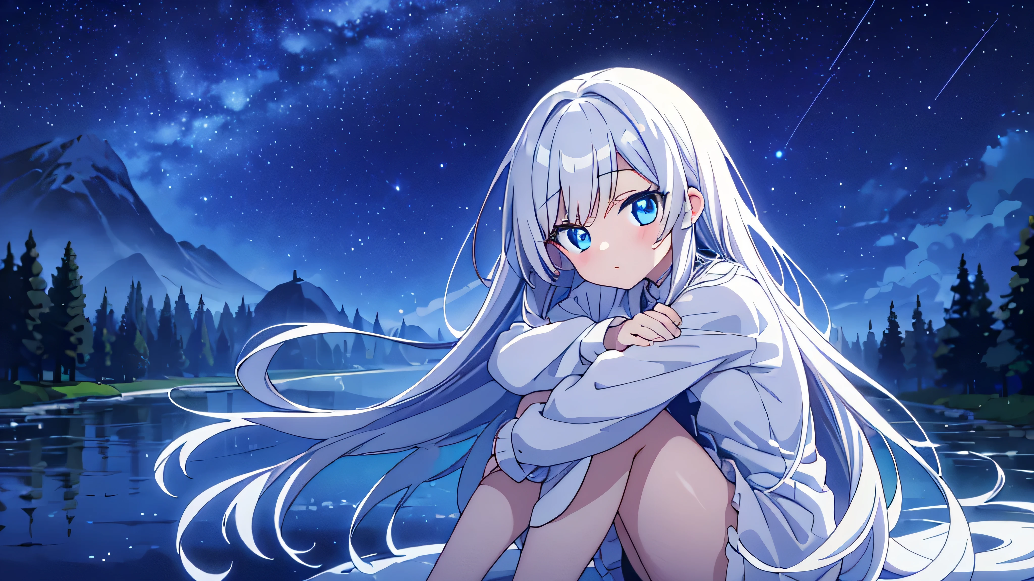Anime girl sitting on the ground in front of a lake - SeaArt AI