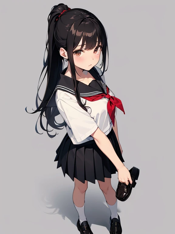 (best quality), ((masterpiece)), (highres), illustration, original, extremely detailed,ooo, 1girl, solo, school uniform, skirt, serafuku, socks, black hair, white socks, long hair, shoes, white background, pleated skirt, neckerchief, simple background, red neckerchief, looking at viewer, full body, short sleeves, shirt, standing, grey skirt, black footwear, brown eyes, white shirt, closed mouth, sailor collar, loafers, ponytail