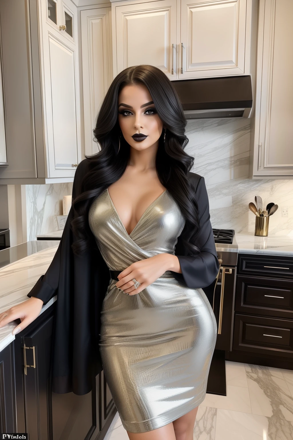 A pretty latina and caucasian mix 30-year-old woman stands confidently in a very large, wealthy kitchen adorned with gray cabinets and 2023 style design. The room is bright and boasts magnificent marble countertops, adding to the opulence of the space. Despite the shabby-chic aesthetic, the woman's outfit exudes elegance with her high heels and form-fitting dress. Her hair, a cascade of curls, compliments her unique features. Her goth makeup style, with dark lipstick and heavy eyeliner, lends an air of allure and mystery. A sly, revenge-filled smirk gr