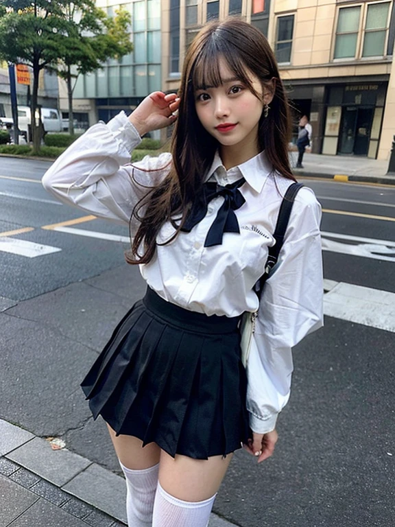 ((masterpiece)), (realistic: 1.2) masterpiece, 最high quality, high quality,white skin, 最high quality, ultra detail,Mature,beautiful, black hair, long hair, With bangs,school uniform,huge breasts ,over knee socks,10th generation,Bewitching,foot,full body pose, very detailed,High resolution, parted lips