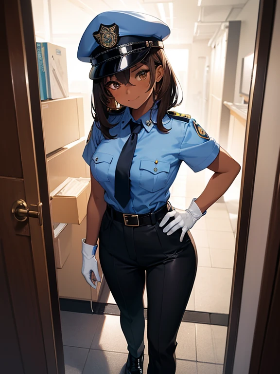 best quality), ((masterpiece)), (highres), illustration, original, extremely detailed,ooo, 1girl, police, police uniform, uniform, policewoman, solo, gloves, blue shirt, necktie, white gloves, hand on hip, brown hair, hat, white background, black footwear, brown eyes, police hat, belt, pants, full body, shirt, dark-skinned female, looking at viewer, simple background, short sleeves, smile, dark skin, pocket, medium hair, breasts, standing, black belt, collared shirt, shoes, breast pocket