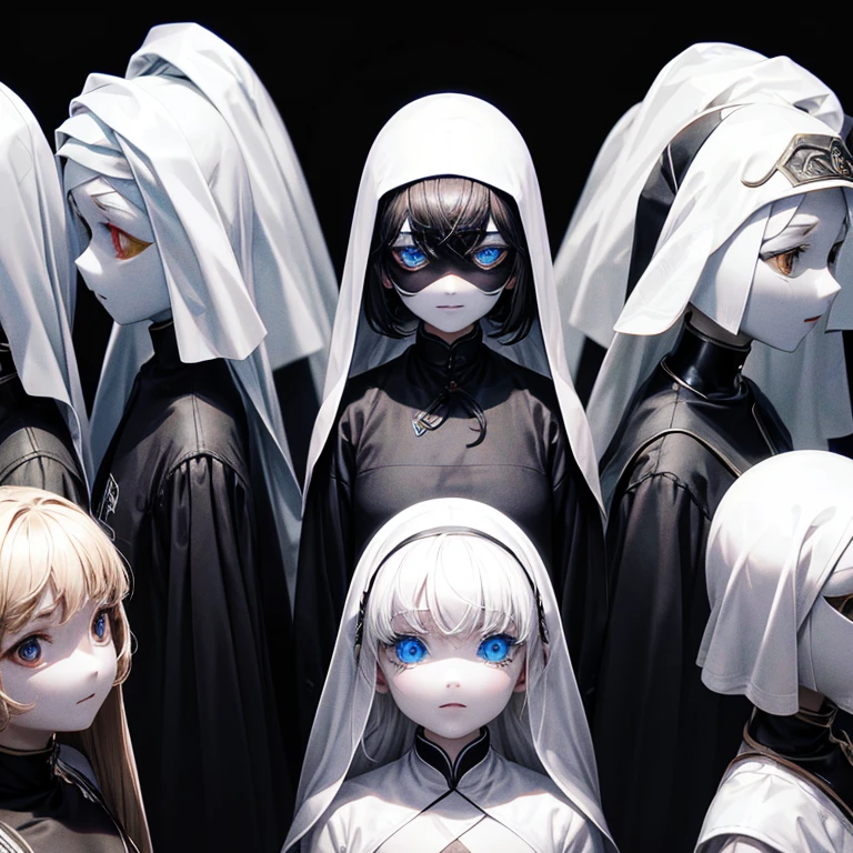 Many white human-like objects with faces painted black are lined up on a black background.。