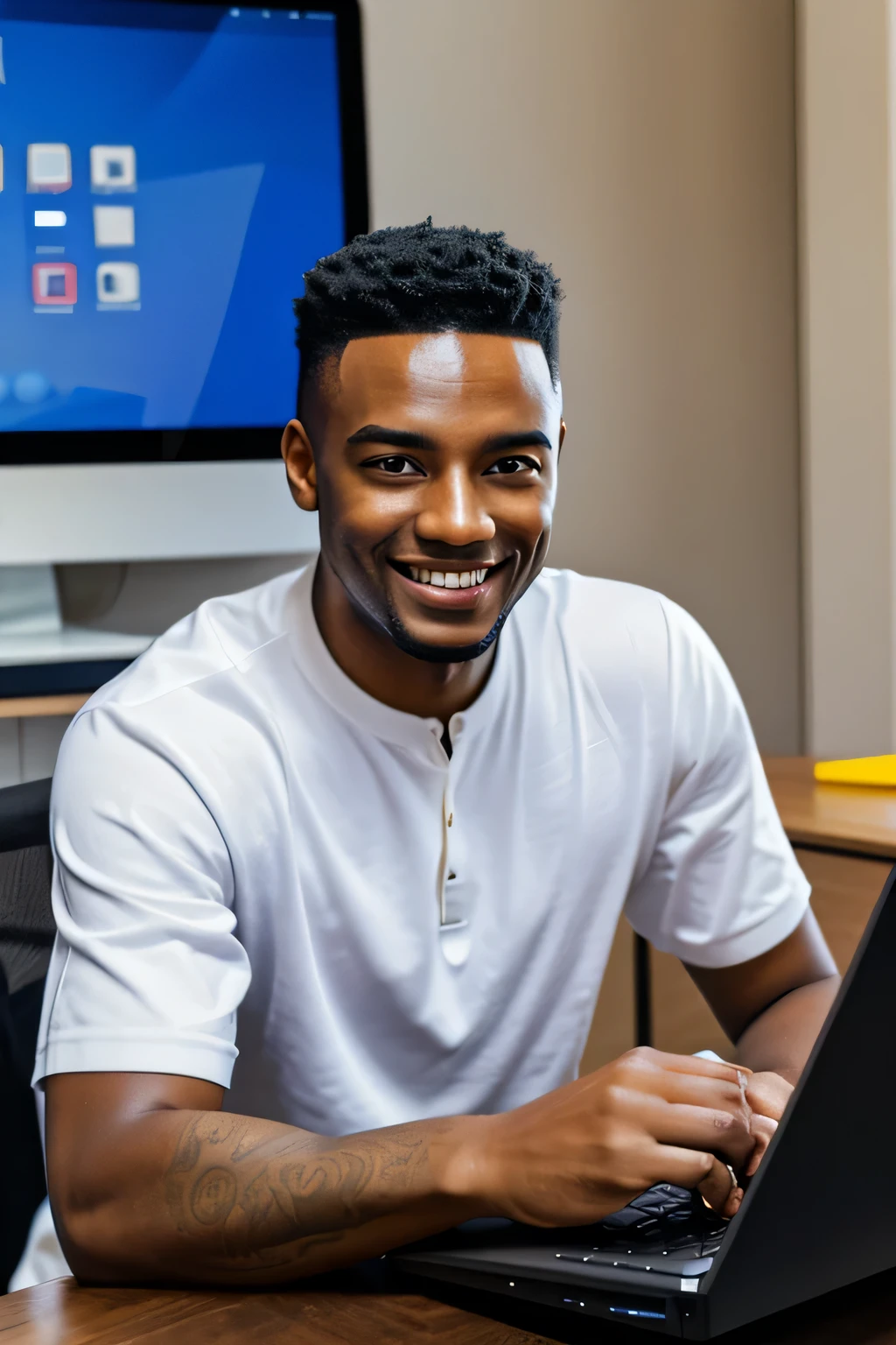 Draw a black man learning on his computer at home with a smile on his face