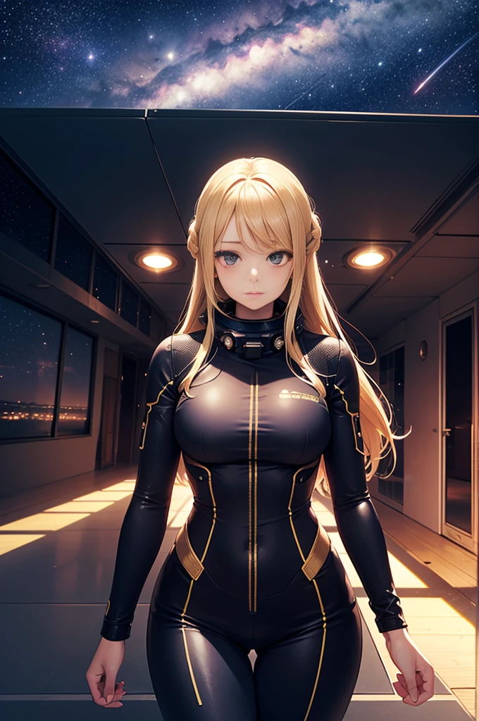 (masterpiece, best quality:1.2), (cowboy shooting:1.1), alone, 1 girl, Yuki Mori, faint smile, Keep your mouth shut, side view, looking at the audience, blonde hair, long hair, thigh gap, jumpsuit, skin-tight, Perfect body, large windows, (Starship portholes:1.3), (spread legs:1.3), (permanent:1.1), thigh gap, sensual gesture, side view, perfect hands, bright starship interior, (Outer space landscape:1.1), (Track view:1.3), (night, old sky:1.5), Milky Way