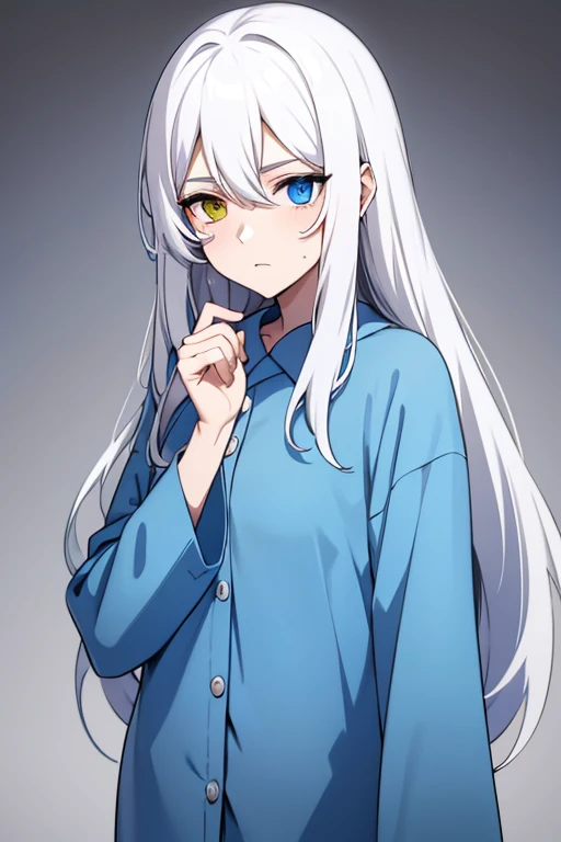 Guy with heterochromia, long white hair with a plaster on her face in blue pajamas
