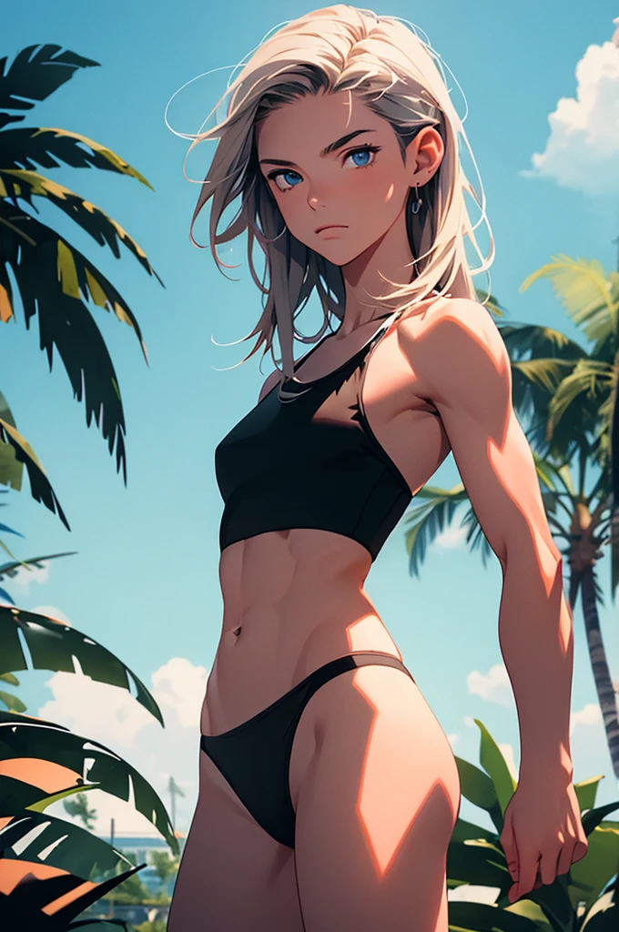 (masterpiece, high quality), 1girl, Caucasian, tomboy, slender, short spiky blonde hair, blue eyes, 13-years-old, (tropical beach background), (black panties), white crop top, strong arms, muscular thighs, ripped muscles, six pack abs, muscle arms, muscular, flat chest, hyper detailed, Intricate design, Luminous, 4K, 8K, Cinematic lighting, Contour lighting, bright, soft light