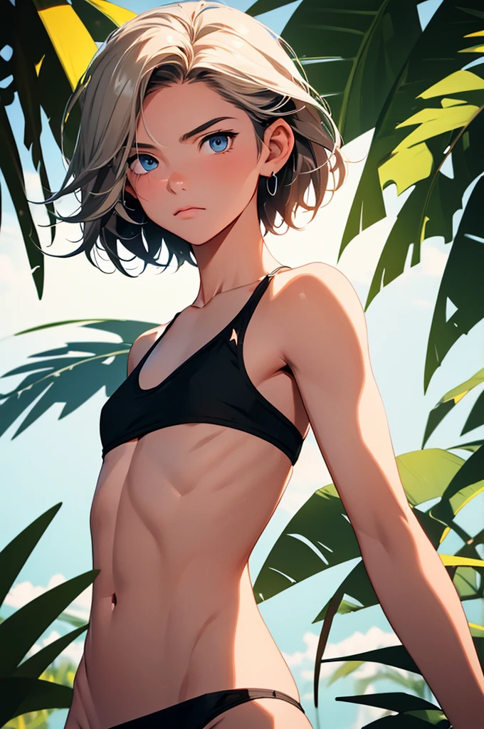 (masterpiece, high quality), 1girl, Caucasian, tomboy, slender, short spiky blonde hair, blue eyes, -yeld, (tical beach background), (black panties), white crop top, strong arms, muscular thighs, ripped muscles, six pack abs, muscle arms, muscular, flat chest, hyper detailed, Intricate design, Luminous, 4K, 8K, Cinematic lighting, Contour lighting, bright, soft light