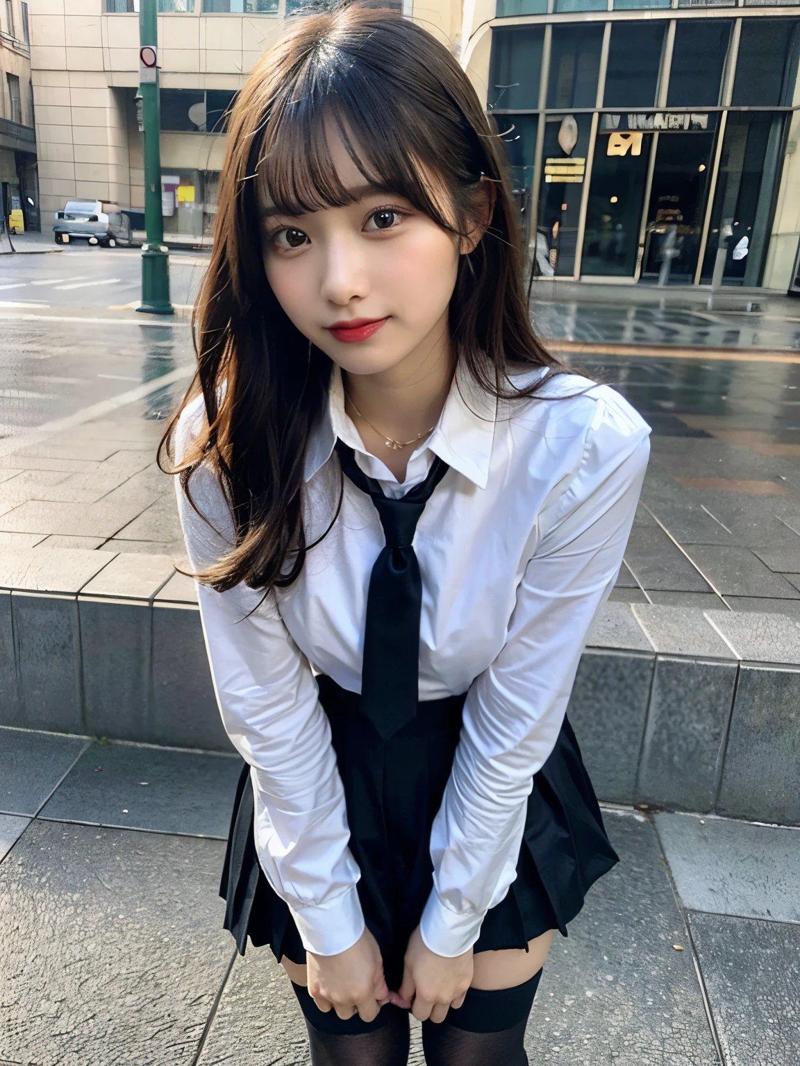 ((masterpiece)), (realistic: 1.2) masterpiece, 最high quality, high quality，white skin, 最high quality, ultra detail,Mature，beautiful, black hair， long hair， With bangs，school uniform，huge breasts ，over knee socks，10th generation，Bewitching，foot，full body pose, very detailed，High resolution, parted lips