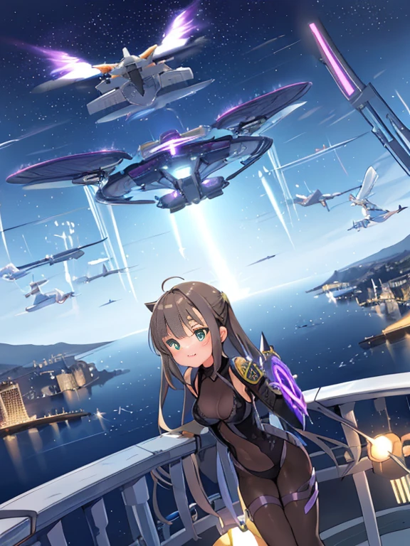 extreme detail,masterpiece,future city,with a girl (Energy Shield):1.3,Tight Fit Bodysuit,protect yourself from danger,use a shield in battle,Futuristic buildings,flying car,the shield becomes brighter,repel the invaders