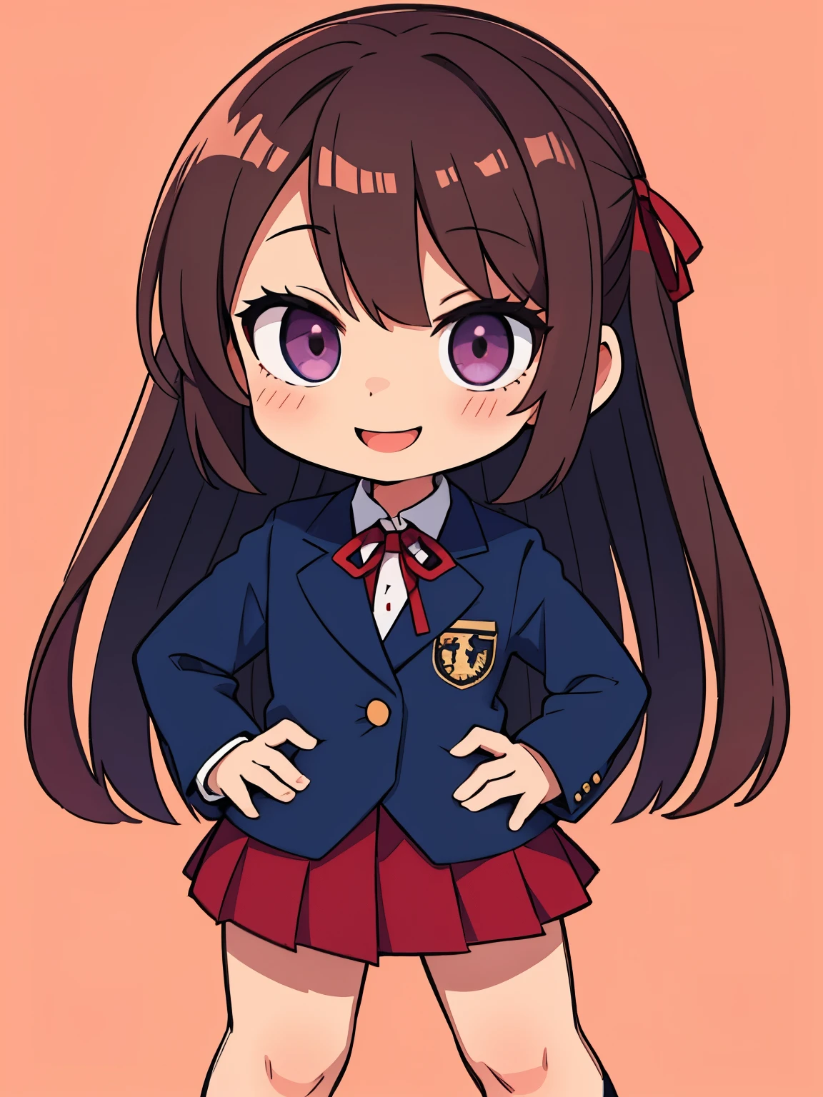 chibi character、chibi, best smile、highest quality,masterpiece,Simple pastel red background,1 girl, Brown hair long hair、Navy blue blazer school uniform with red ribbon、Reddish-purple eyes、