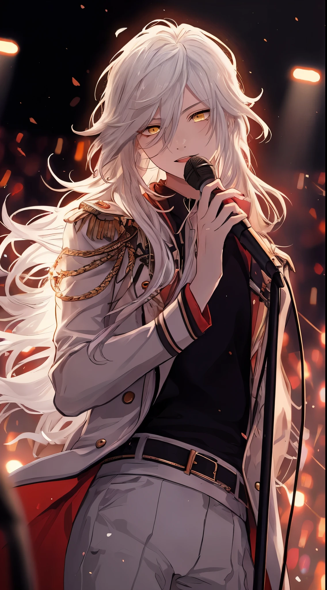 Beautiful young man, silver hair, long hair, yellow eyes, waist belt, dark contrast trim, white military style jacket, delicate embroidery, holding microphone, live music venue in background, red stage lights,high quality, amount of drawing, pixiv illustration>