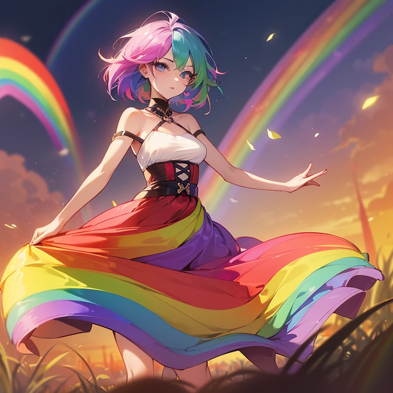 (((I want a woman, with rainbow hair, a body with a thin waist and medium breasts, bright rainbow eyes, wearing a beautiful dress)))