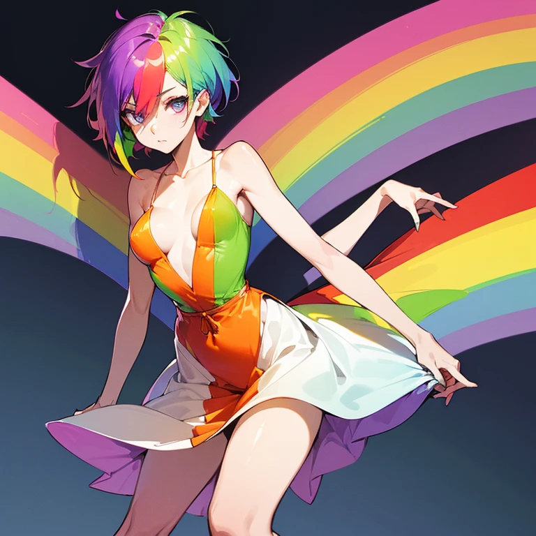 (((I want a woman, with rainbow hair, a body with a thin waist and medium breasts, bright rainbow eyes, wearing a beautiful dress)))