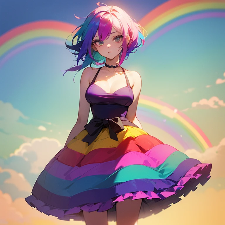 (((I want a woman, with rainbow hair, a body with a thin waist and medium breasts, bright rainbow eyes, wearing a beautiful dress)))