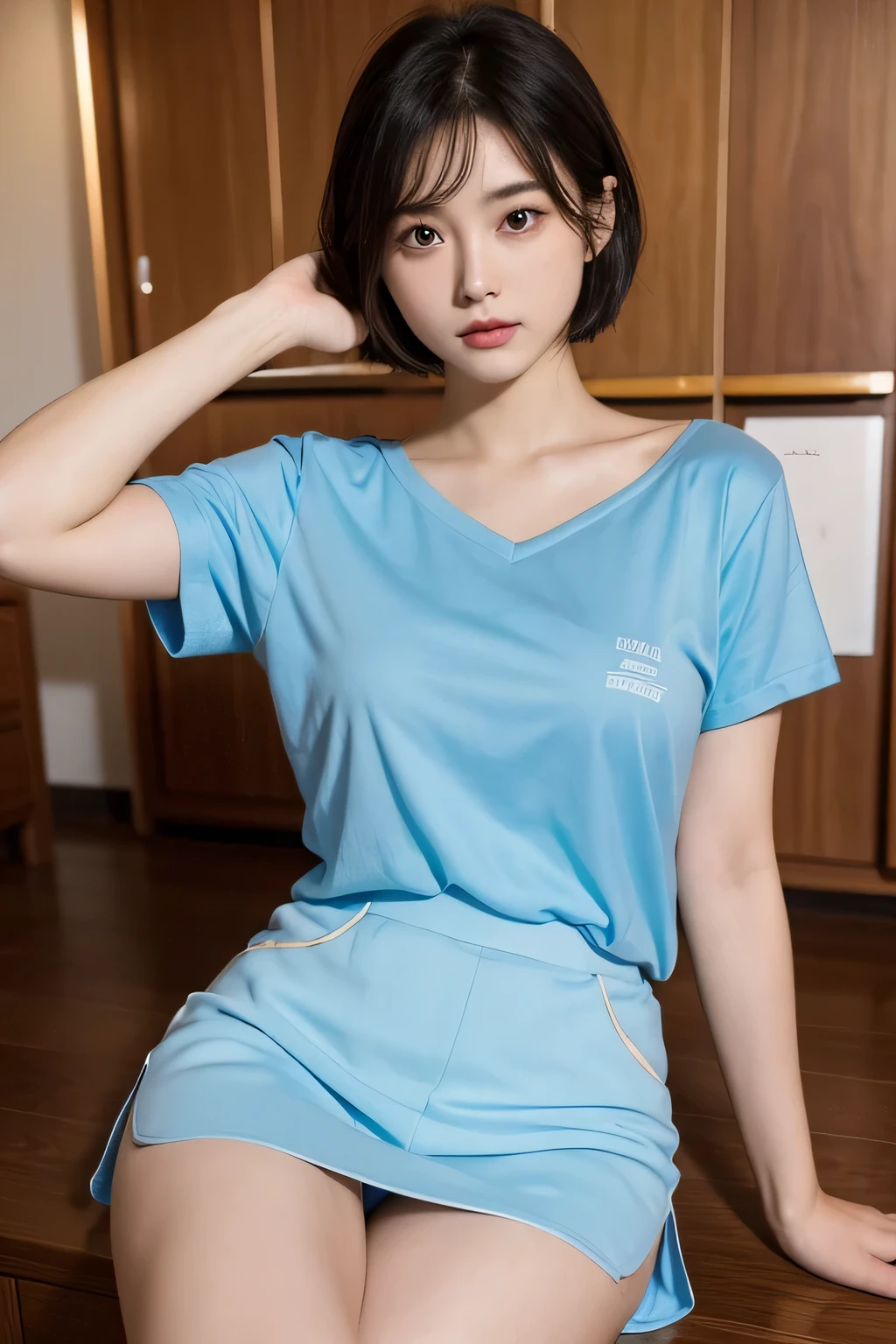 (masterpiece、high quality),(perfect beauty、perfect anatomy、beautiful limbs、beautiful skin)、blue shirt、skirt、panty shot,one woman,sexy pose,,plump body,glowing skin,cute face,beautiful face,double eyelid,embarrassing,bob hair,black hair,black eye,Mysterious,high quality,realistic,gravure,adult woman,Fashionable,Japan、grassland、