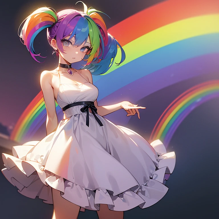 (((I want a woman, with rainbow hair, a body with a thin waist and medium breasts, bright rainbow eyes, wearing a beautiful dress)))