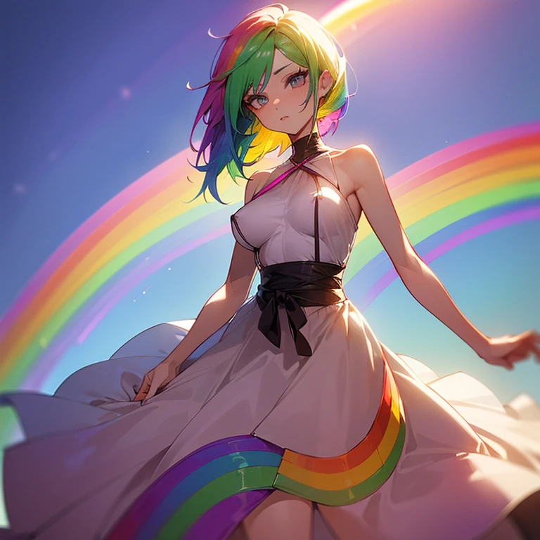 (((I want a woman, with rainbow hair, a body with a thin waist and , bright rainbow eyes, wearing a beautiful dress)))