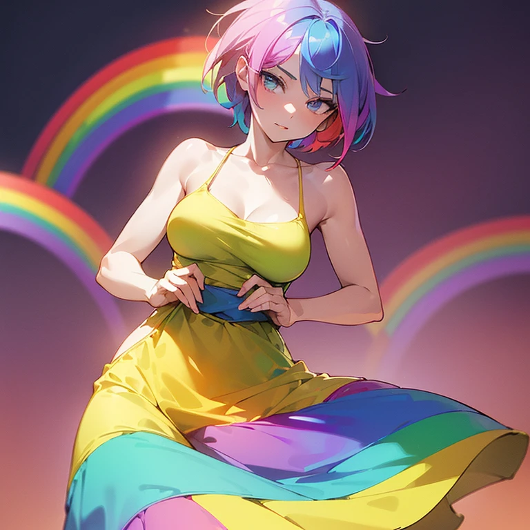 (((I want a woman, with rainbow hair, a body with a thin waist and medium breasts, bright rainbow eyes, wearing a beautiful dress)))
