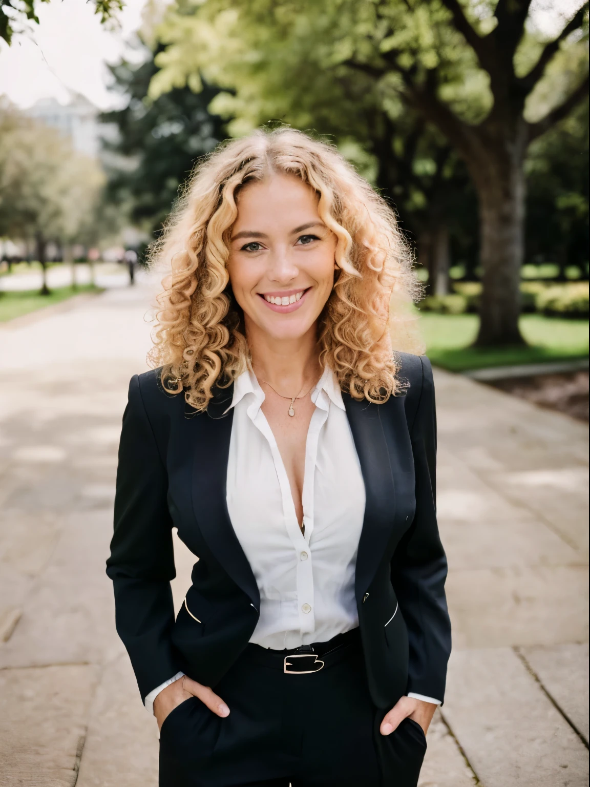 ((best quality)), ((masterpiece)), (detailed), (((40 year old curly blonde hair woman))), executive portrait, half body shot, ((outside)), standing straight in city park, (((wearing dark suit}}}, ((professional business photo)) smiling, big