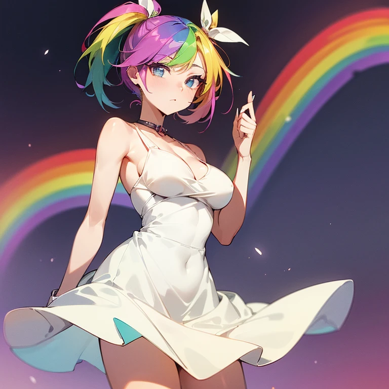 (((I want a woman, with rainbow hair, a body with a thin waist and medium breasts, bright rainbow eyes, wearing a beautiful dress)))