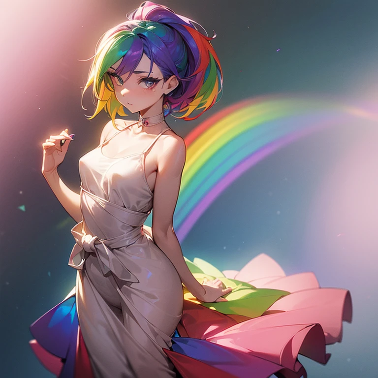 (((I want a woman, with rainbow hair, a body with a thin waist and medium breasts, bright rainbow eyes, wearing a beautiful dress)))