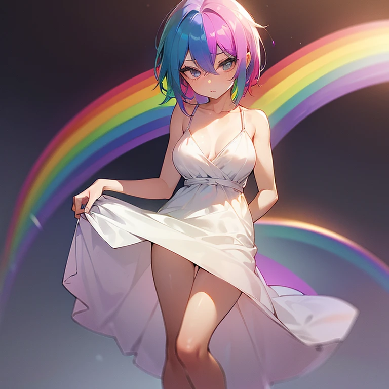(((I want a woman, with rainbow hair, a body with a thin waist and medium breasts, bright rainbow eyes, wearing a beautiful dress)))