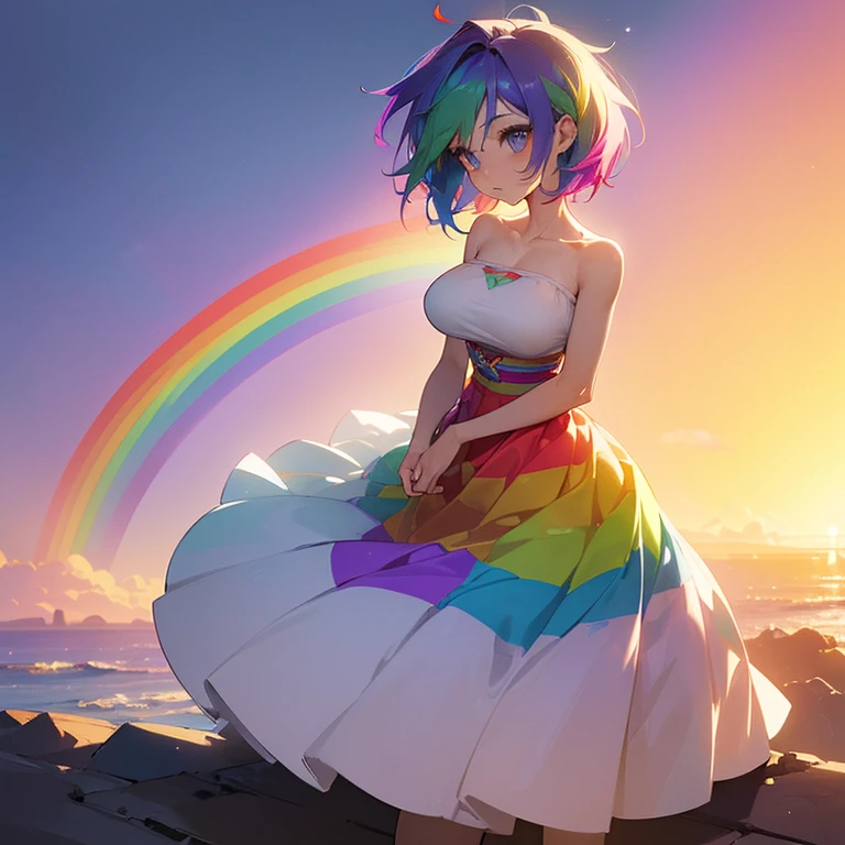 (((I want a woman, with rainbow hair, a body with a thin waist and medium breasts, bright rainbow eyes, wearing a beautiful dress)))