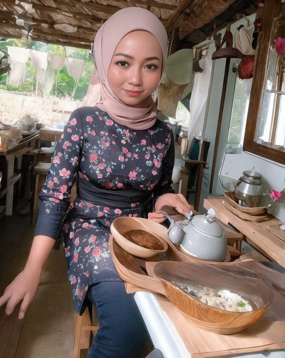 a malay woman aged 42, beautiful detailed eyes, beautiful detailed lips, long eyelashes, wearing hijab, pastel color floral abaya, half body, masterpiece:1.2,perfect fingers, perfect body, struggling cooking alone in the traditional kitchen in a malay village house, vibrant colors, soft lighting, bokeh, realistic skin, skin pores, at night, dark and gloomy, wearing cute apron