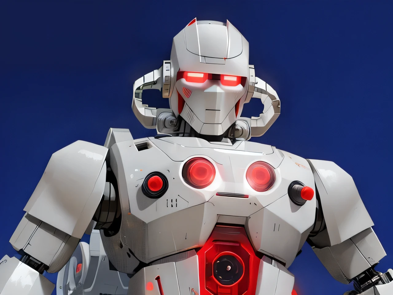 there is a toy robot with red eyes and a white body, evil robot, robot, white robot, colossal robot,