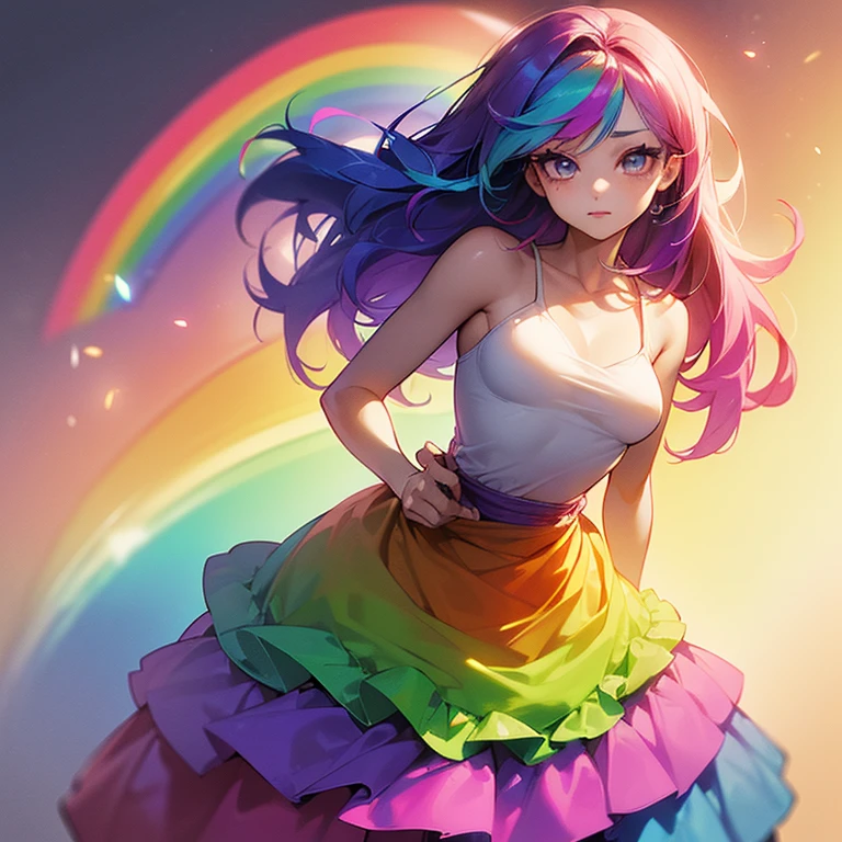 (((I want a woman, with rainbow hair, a body with a thin waist and medium breasts, bright rainbow eyes, wearing a beautiful dress)))