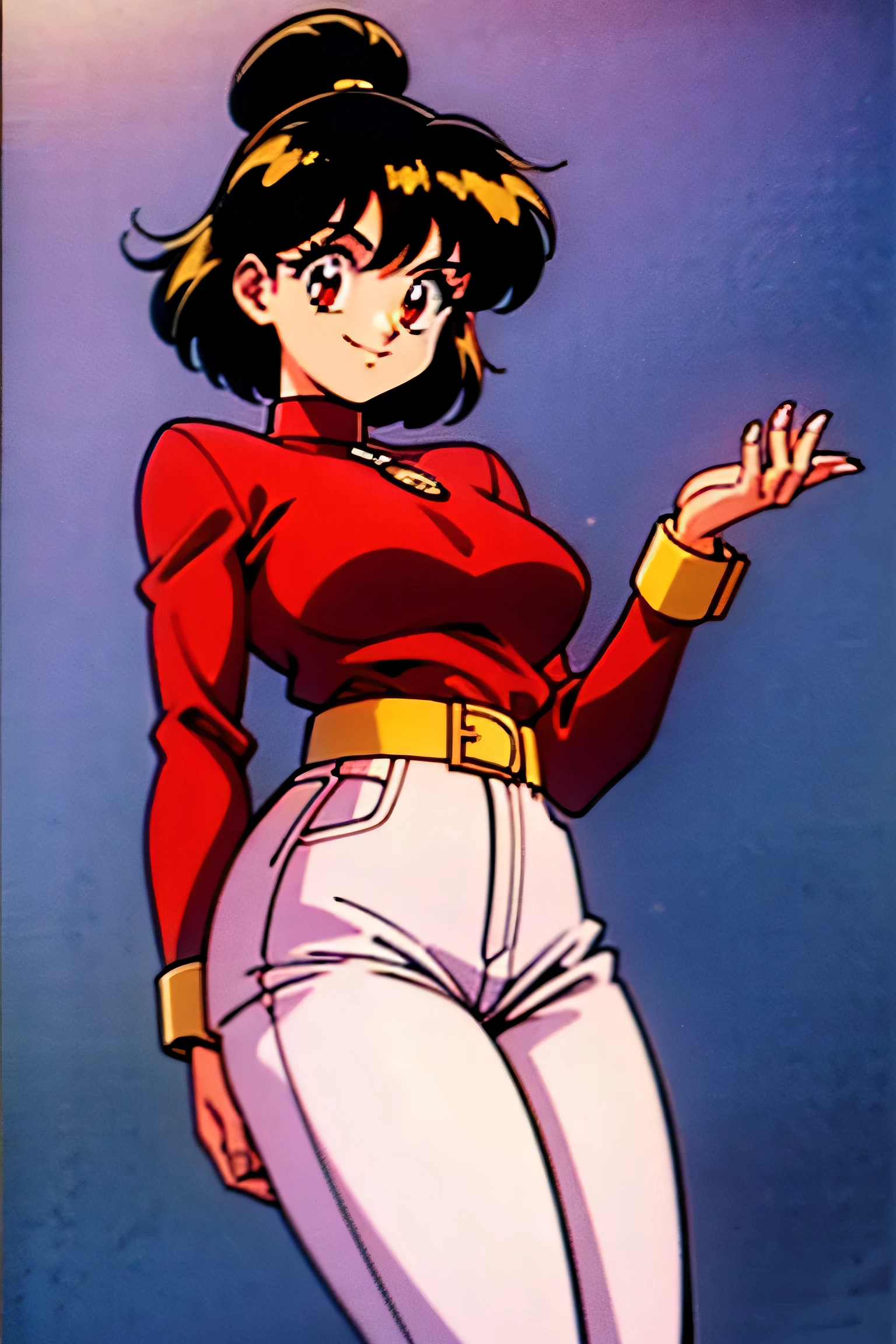 best quality, high details, 1girl, solo, tall woman, hand behind her back, medium hair, black hair, adult, red eyes, red shirt, long sleeves, gold cuffs, idol, looking at viewer, hair buns, belt, black jeans, anatomically correct, 1990s (style), retro artstyle, smile, anime screencap, happy, portrait, simple background, middle aged, mature, curvy