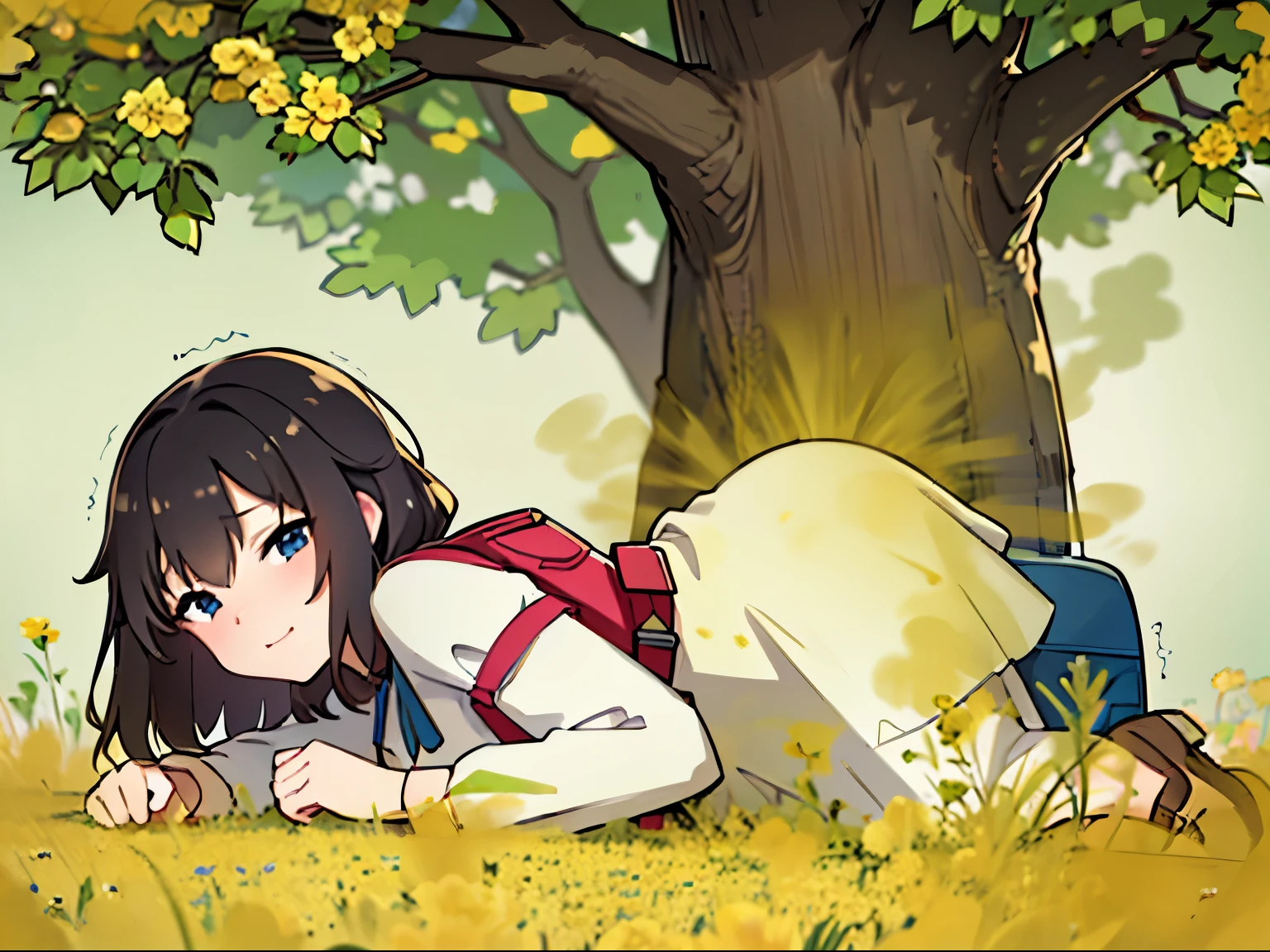 Tip: A very attractive girl with a backpack and a cute puppy、Enjoying a lovely spring outing surrounded by beautiful yellow flowers and nature. The illustration is a high-definition illustration in 4K resolution, Features highly detailed facial features and cartoonish visuals.