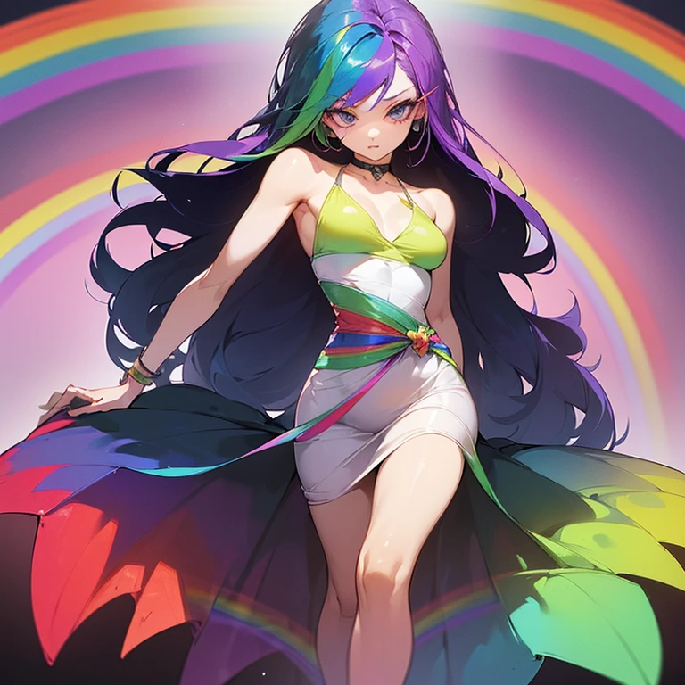 (((I want a woman, with rainbow hair, a body with a thin waist and medium breasts, bright rainbow eyes, wearing a beautiful dress)))