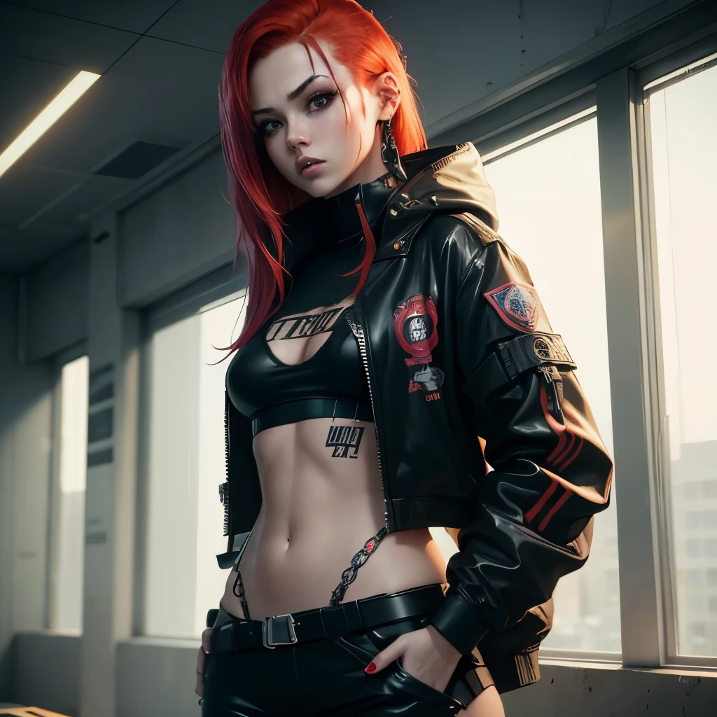 red hair girl, inmate prison, girl arrested, bad girl, Cyberpunk style, with cybernetics on face, sfw art, full body, smallchest, teenager, sfw notclothes