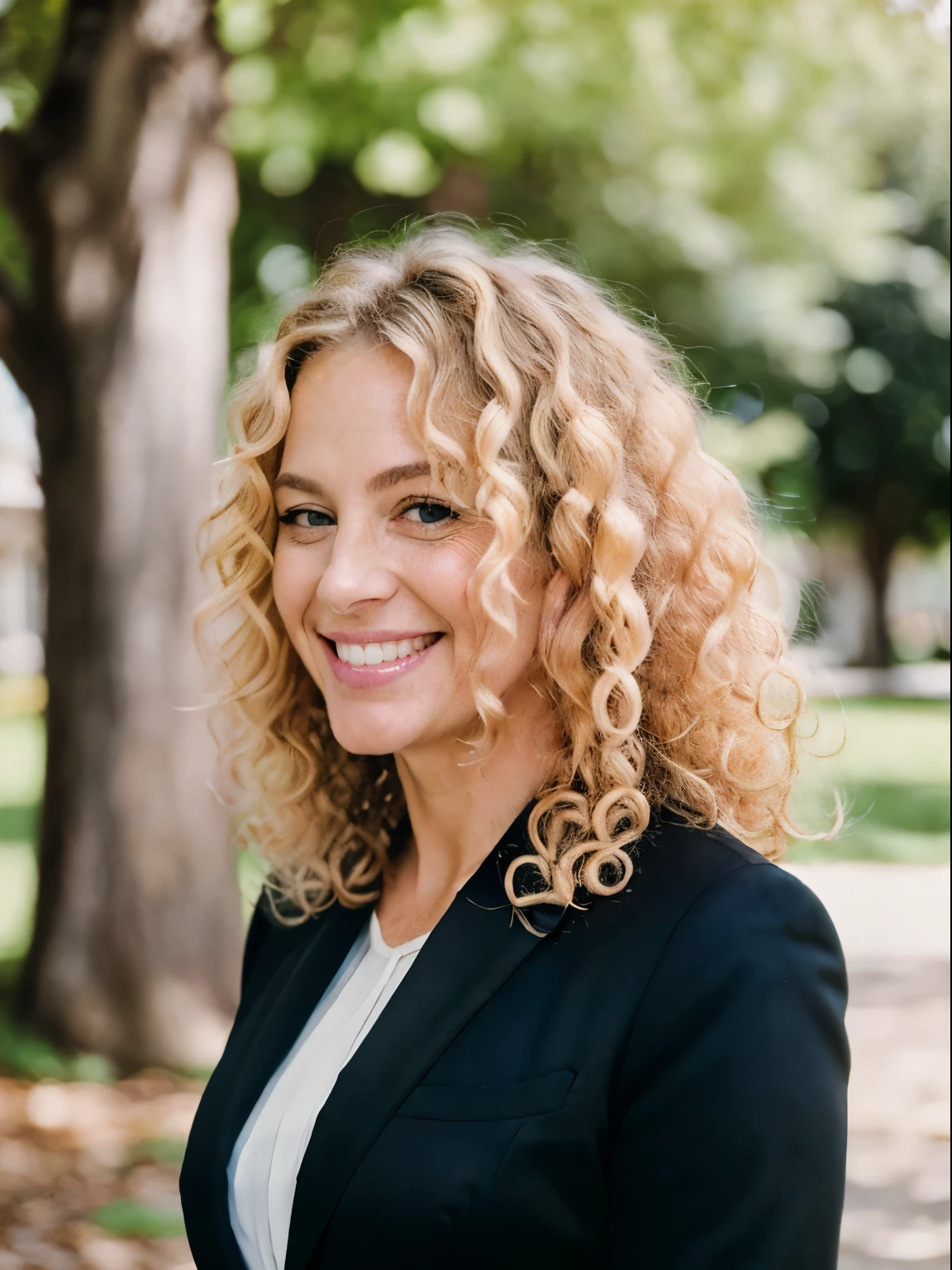 ((best quality)), ((masterpiece)), (detailed), (((40 year old curly blonde hair woman))), executive portrait, half body shot, ((outside)), in city park, (((wearing dark suit}}}, ((professional business photo)) smiling, facing forward