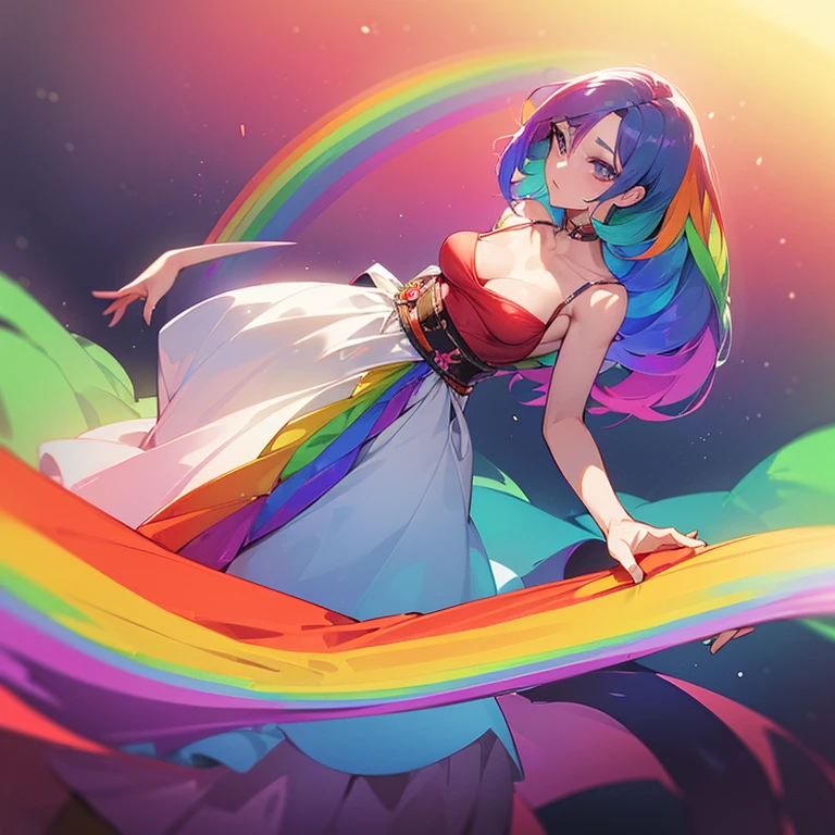 (((I want a woman, with rainbow hair, a body with a thin waist and medium breasts, bright rainbow eyes, wearing a beautiful dress)))