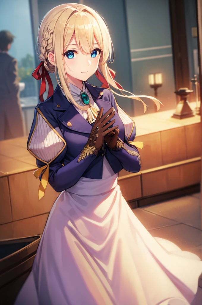 Violet Evergarden, Violet Evergarden, Blonde hair, Blue eyes, Hair Ribbon, bow ribbon, Short hair, Braids, hair braids, Red Ribbon, maturefemale,
Blake Blue Jacket, Brown gloves, Cropped jacket, Dress, gloves, Green brooch, Jacket, juliet sleeves, Long sleeves, Puffy sleeves, White Dress,
BREAK looking at viewer,
BREAK outdoors, city,
BREAK (masutepiece:1.2), Best Quality, High resolution, Unity 8k壁纸, (Illustration:0.8), (Beautiful detailed eyes:1.6), extra detailed face, Perfect Lighting, extremely details CG, (Perfect hands, Perfect Anatomy),a smile