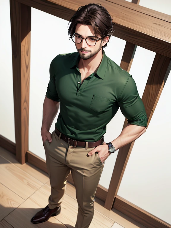 (best quality), ((masterpiece)), (highres), illustration, original, extremely detailed,jjj, 1boy, male focus, solo, shirt, pants, glasses, full body, smile, facial hair, white background, watch, collared shirt, simple background, wristwatch, shoes, brown footwear, yellow shirt, hands in pockets, black hair, short hair, green pants, standing, green shirt, sleeves rolled up, brown shirt, stubble, brown eyes, pocket, black-framed eyewear