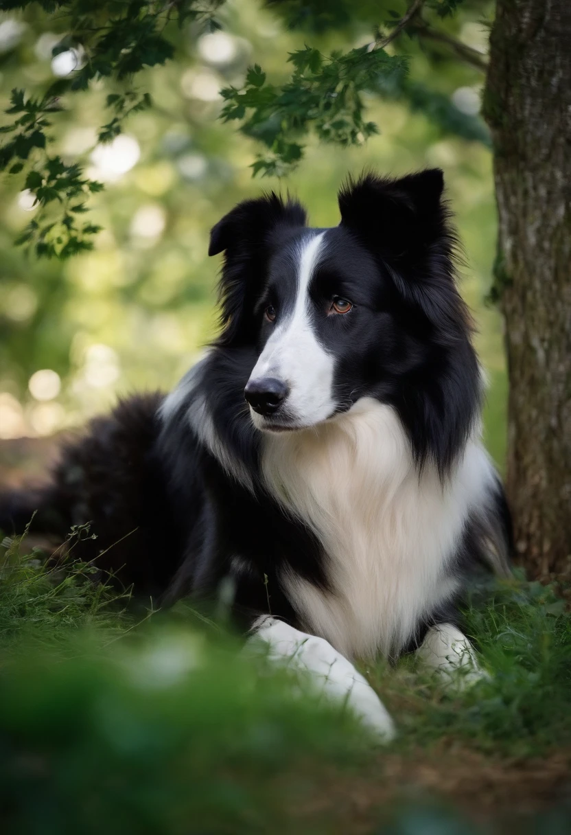 8k,obra-prima,alta qualidade,Collie or border collie dog, ele veste roupinhas fofas, ele usa roupa de pets, arte em aquarela,Under the tree,Sente-se , magical world fantasy mystical