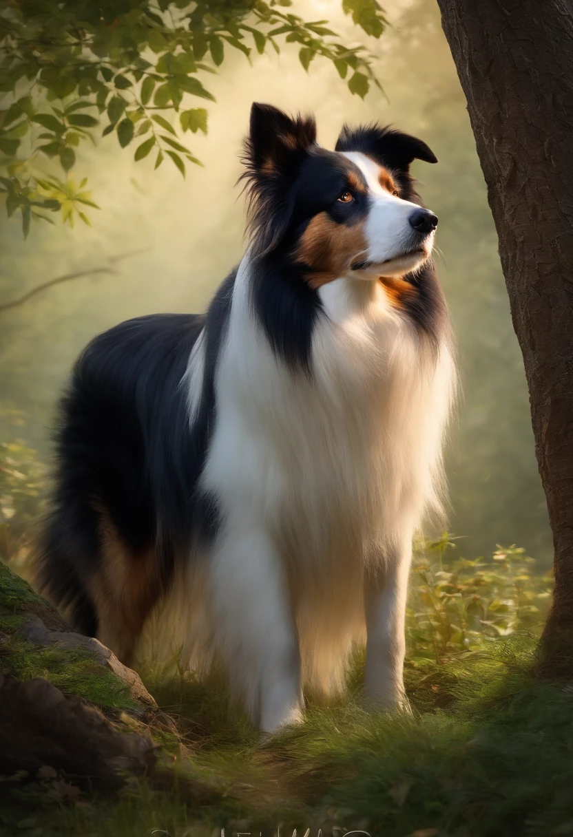 8k,obra-prima,alta qualidade,Collie or border collie dog, ele veste roupinhas fofas, ele usa roupa de pets, arte em aquarela,Under the tree,Sente-se , magical world fantasy mystical