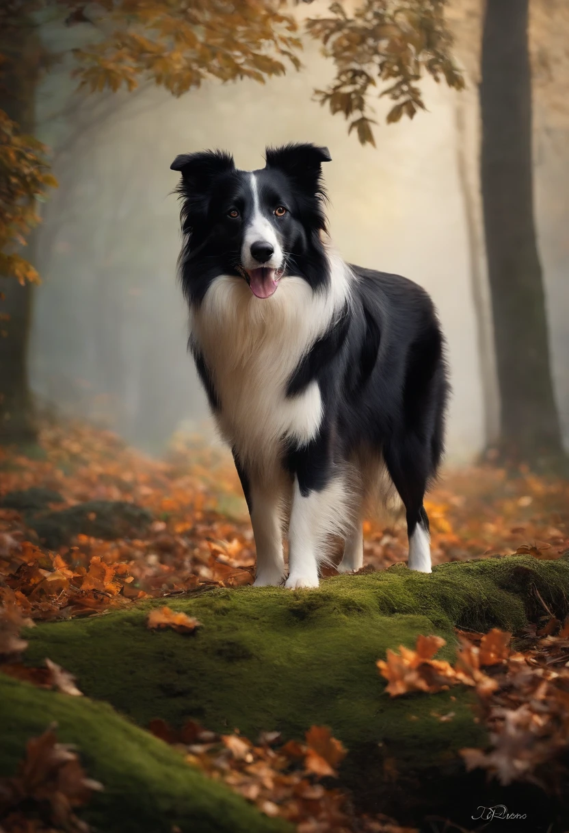 8k，obra-prima，alta qualidade，Collie or border collie dog, ele veste roupinhas fofas, ele usa roupa de pets, arte em aquarela，Under the tree，Sente-se , magical world fantasy mystical
